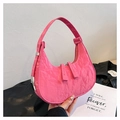 Pink crescent underarm bag in glossy crinkled leather with dual zipper design - Rose Red