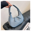Blue woven minimalist half-moon hobo bag with dual silver zippers and shoulder strap - Blue