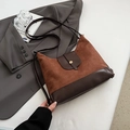 Bolso tote retro de ante marrón y patchwork de piel con botón de presión dorado - Marrón