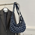 Blue and black checkerboard denim crossbody bag with vintage frayed edges on hanger - Dark Blue