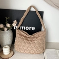 Beige oversized tote bag with heart-shaped quilting and ruched shoulder strap design - Khaki