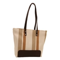 Sac fourre-tout en toile rayée beige et marron avec anses et base en cuir élégant - Blanc