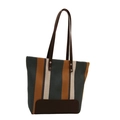 Sac cabas en toile rayée vert et jaune avec poignées en cuir marron et des rivets - Bleu