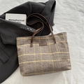 Houndstooth check canvas tote bag in brown and yellow with faux leather straps - Khaki
