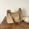 Borsa tote vintage beige in velluto a coste con tracolla regolabile e dettagli dorati - Cachi