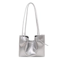 Minimalist silver metallic tote bag with sleek shoulder straps and crinkled leather texture - Silver