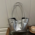 Minimalist large capacity silver tote bag with metallic crackle texture for women - Silver