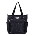 Black canvas tote bag with white star pattern and multiple utility zip pockets - Black