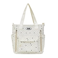 White tote bag with black star and polka dot patterns, featuring multiple utility pockets - White