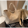 Bolso tote de pana beige con bordado Fashion y correa ajustable para uso casual - Caqui