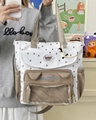 Borsa tote in tela bianca con stampe di stelle e tasca trasparente con orecchie di gatto - Cachi