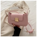 Dettaglio di una borsa in pelle rosa pallido con una grande fibbia in metallo dorato lucido - Rosa