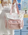 Borsa tote rosa e bianca con finestra a forma di gatto e stampe a cuore vivaci - Rosa