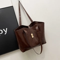 Retro dark brown large capacity faux leather tote bag with elegant gold metal twist lock - Coffee (No Pendant)