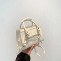 White casual minimalist crossbody square bag with marble texture and round handles - White