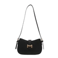 Vintage black matte PU leather shoulder bag with gold rectangular metal buckle - Black