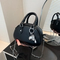 Chic black lychee leather mini Boston bag with rabbit charm and chain strap - Black