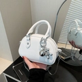 Mini white round handbag in lychee leather with silver balloon dog and chain strap - White