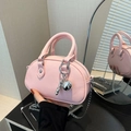 Pink PU leather mini round handbag with lychee pattern and silver chain strap - Pink