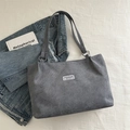 Minimalist dark grey corduroy tote bag for women with fashion instinct patch and metal rings - Gray