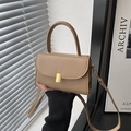 Minimalist khaki leather crossbody bag with top handle and golden square metal lock - Khaki