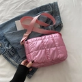 Pink quilted down shoulder bag with elegant diamond pattern and wide adjustable strap - Pink