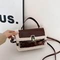 Sac bandoulière rétro marron en cuir avec bordure mouton et fermoir doré - Marron