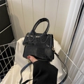 Mini black crocodile embossed patent leather handbag with adjustable strap for women - Black