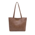 Bolso tote de piel sintética marrón con texto dorado y correas de hombro dobles finas - Caqui