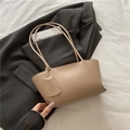 Bolso tote retro de cuero beige con correas largas para un estilo femenino de oficina - Caqui