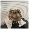 Vintage-Bucket-Bag aus Wollkaro in Braun und Grau mit goldener Kette für Damen - Braun