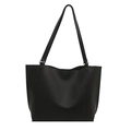 Minimalist black PU leather tote bag with long shoulder straps for daily office use - Black