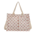 Beige corduroy tote bag with red heart pattern and adjustable shoulder strap - White