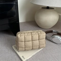 Quilted nylon square cosmetic bag in beige featuring gold zipper and puffy grid texture - Khaki