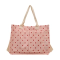 Pink corduroy tote bag with red heart pattern and dual front pockets for women - Pink