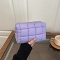 Portable purple quilted puffer makeup bag with soft textured grid and gold zipper - Purple