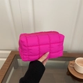 Quilted rose pink puffy makeup bag made of lightweight fabric with top zipper closure - Rose Pink