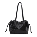 Glossy black leather tote bag with a delicate bow and drawstring ribbon details - Black