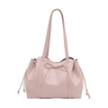 Minimalist pink PU leather tote bag with bow decoration and drawstring sides for women - Off White