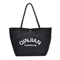 Minimalist black canvas tote bag with white lettering and sturdy woven rope handles - Black