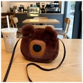 Detailed macro view of the fluffy brown plush bear crossbody bag with adjustable strap - Brown