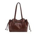 Dark brown oil wax leather tote bag with drawstring closure and decorative bow detail - Brown