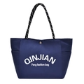 Dark blue minimalist canvas tote bag with woven handles and white printed fashion text - Blue