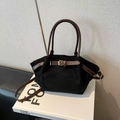 Sac à main minimaliste en suédine noire avec poignées en cuir marron et boucles dorées - Noir