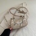 Chic beige half-moon shoulder bag with abstract art print and metallic heart chain - Khaki