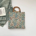 Floral tapestry tote bag featuring vintage jacquard fabric and natural bamboo handles - Blue Flower