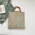 Floral tapestry tote bag with natural bamboo handles and vintage patterns in orange and blue - Orange Flower