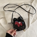Black crossbody bag with red bow and pony embroidery for girls, quilted style - Black