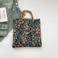 Floral jacquard tote bag with vintage blue flower pattern and bamboo handles - Black