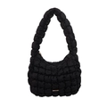 Chic black quilted puffy hobo bag with textured pleats and gold metal logo detail - Black